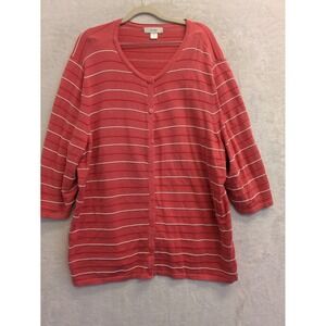 CJ Banks Coral Striped Cardigan Sweater 3X Cotton Rayon Blend 3/4‎ Sleeve